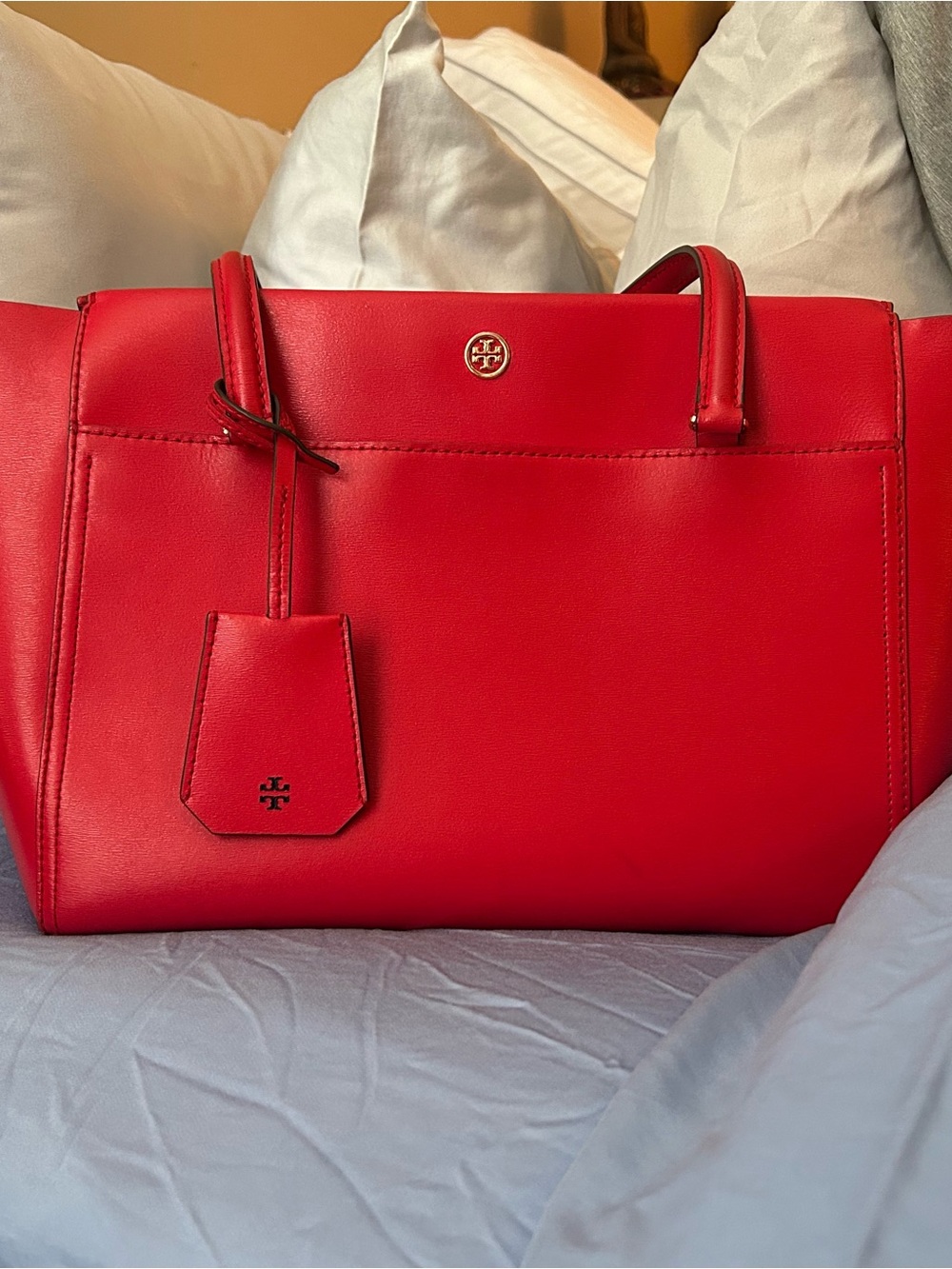 Tory Burch Cherry Apple Red / Royal Navy Tote with Logo Accent
